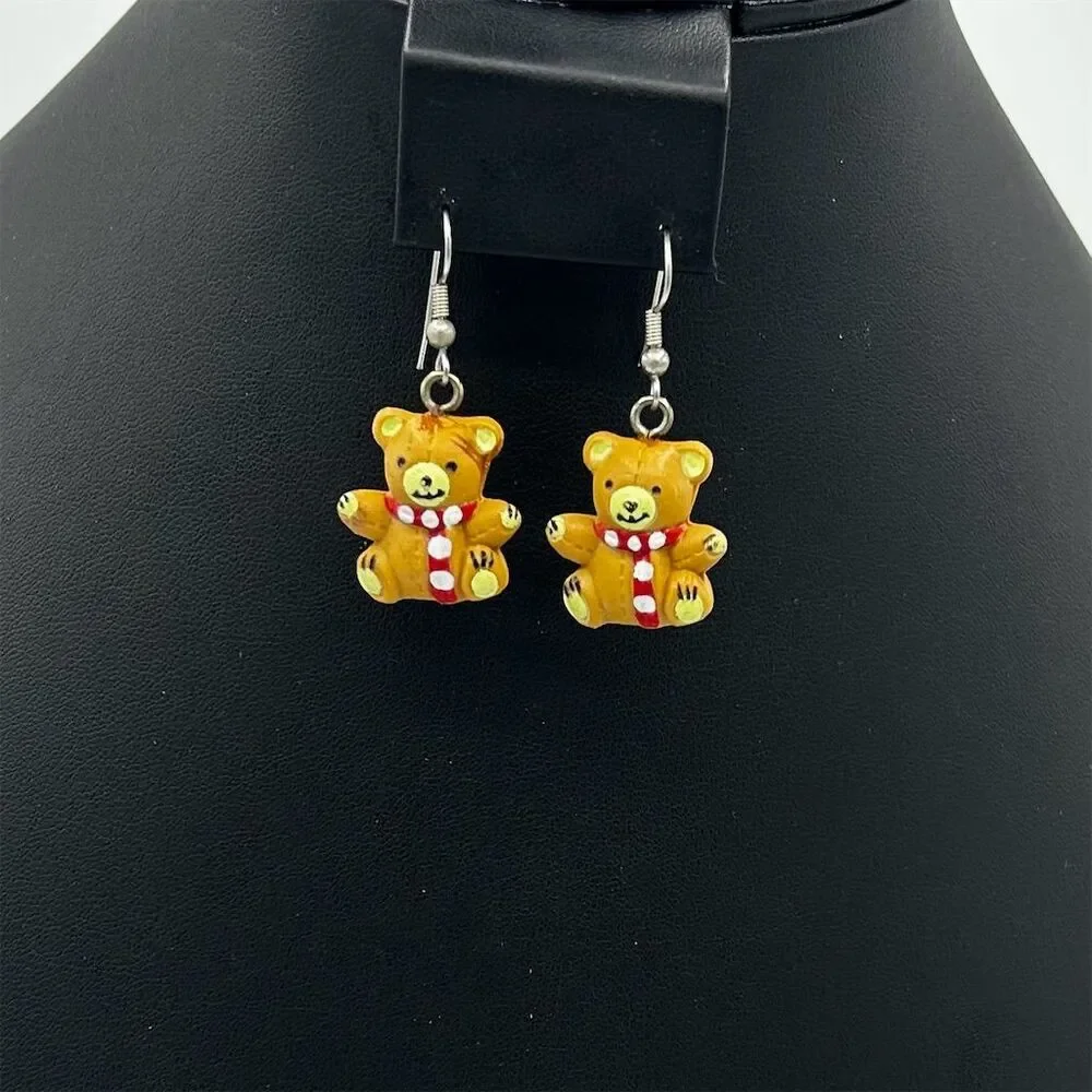 Cute Teddy Bear Dangle Earrings Brown Cartoon Animal Jewelry